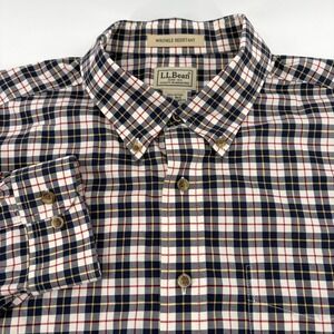 LL Bean Mens XL Regular Wrinkle Resistant Cotton Navy Plaid Button Down Shirt